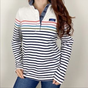 LL BEAN white Cozy Striped 1/4 Button Pullover Top